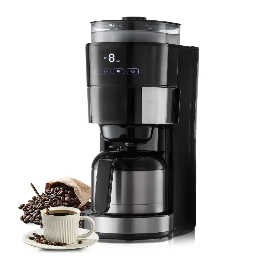 Coffee Maker with Grinder 8 Cup Programmable Coffee Machine Grind and Brew Coffee Maker with 24-Hour Timer for Auto Brew Reusab
