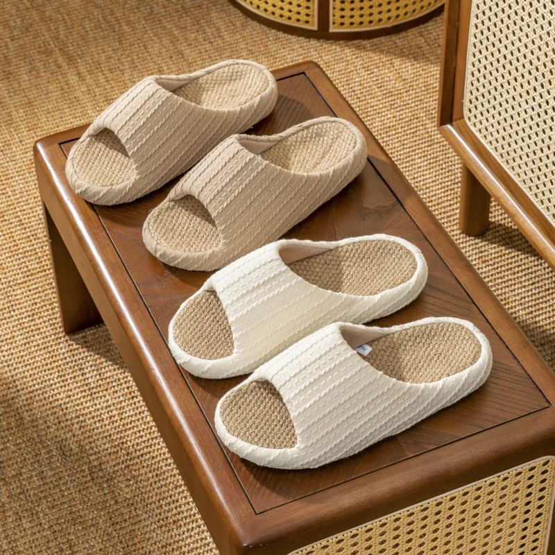 New four-season universal two-color linen slippers women's summer high-end couples home height increase non-slip breathable men