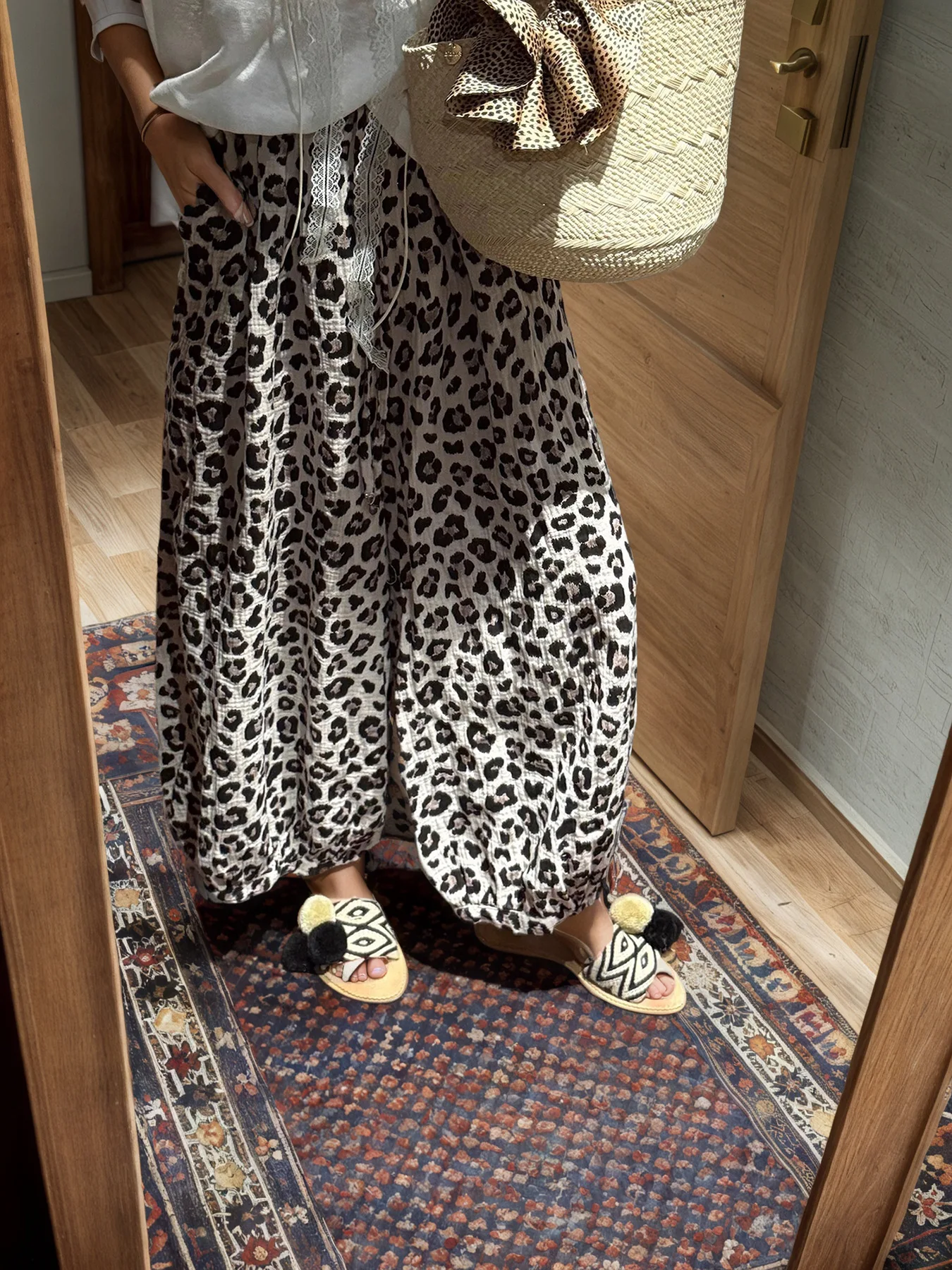 Women Leopard Print Pants Elastic High Waist Drawstring Ankle Cuff Loose Side Pockets Wide Leg Trousers Casual Daily Pants