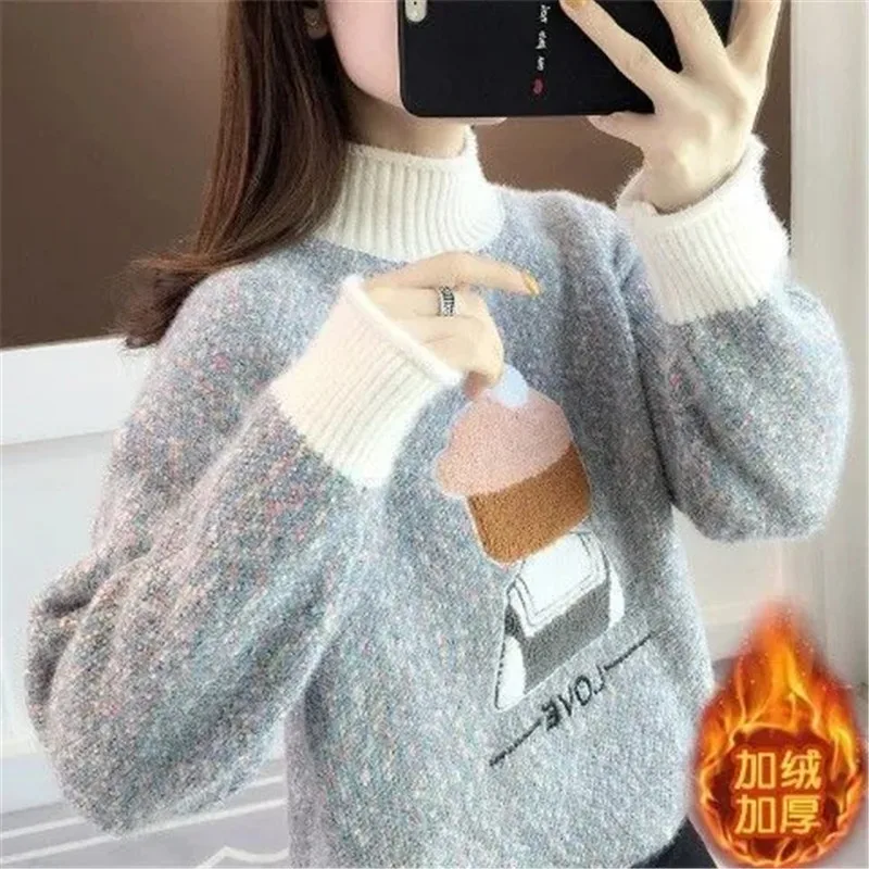 

Plus Velvet Thickening 2023 New Ladies Sweater Loose Outer Wear Women's Tide Lazy Wind High-Necked Autumn And Winter Pullover.