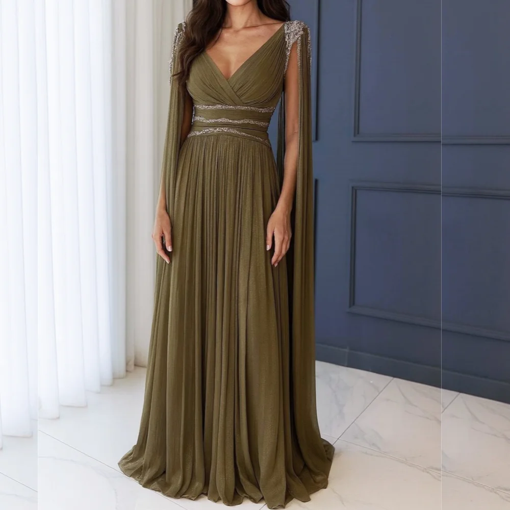 

Customized Evening Dress Pleat V-neck A-line Long Dresses Bespoke Occasion Prom Elegant Party Wedding Glitter High Quality