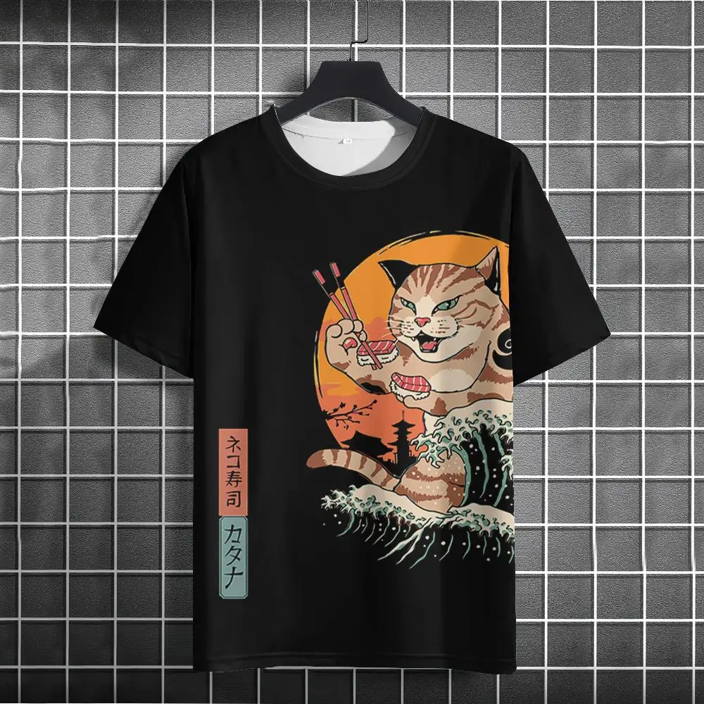 Cartoon Cat Japanese Samurai Cat T Shirt Men Street Animal 3d Print Short Sleeves Anime Men\'s T Shirt Oversized Casual Top Tee