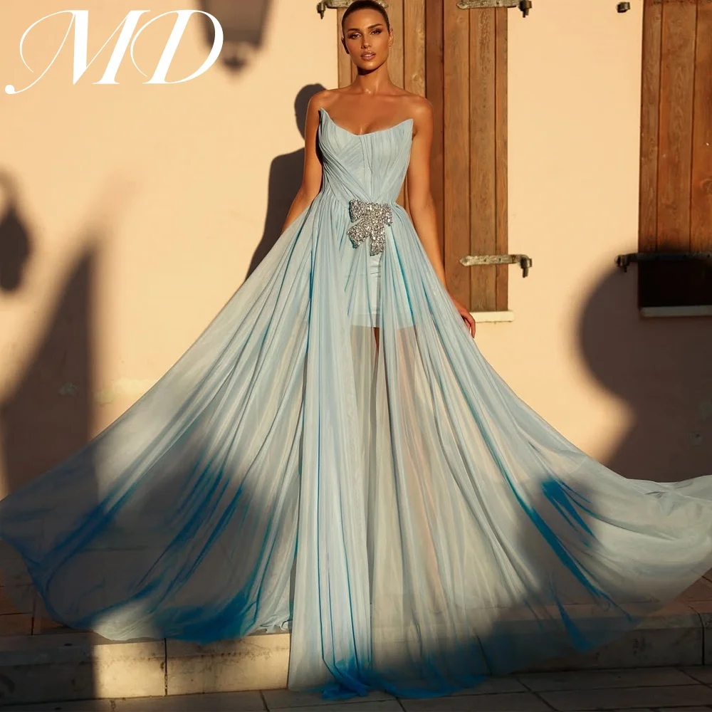 

MD Elegant Blue A-line New Evening Gown Saudi Arabic New Sleeveless Boat Neck Chiffon Prom Gown فساتين سهرة customised