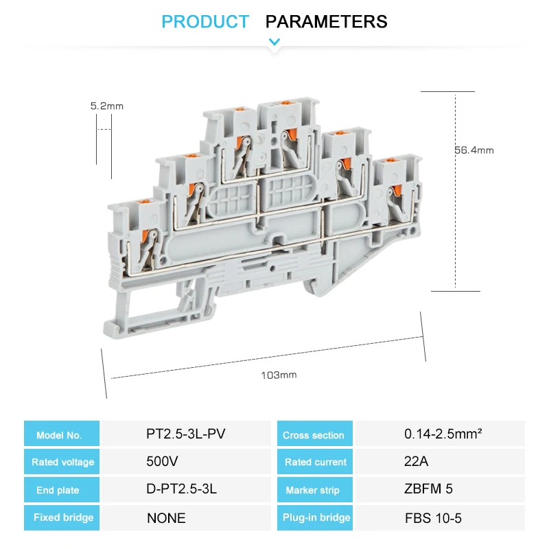 PT2.5-3L-PV Push-in 3-Level Din Rail Terminal Block With Equipotential Bonder Electrical Connector PT 2.5 mm² Terminals PT2.5-3L