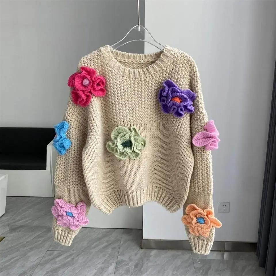 

Chic Woman Floral Crocheted Sweater Handmade Hooked 3D Flowers Pullover Loose Knitted Shirts Crop Tops Jumper Sueter Knitwear