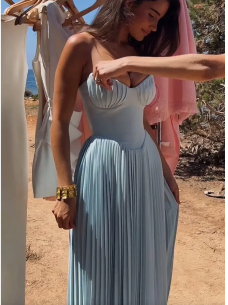 Sexy Strapless Vrouwen Geplooide Maxi-Jurk Mode Solide Rugloze Hoge Taille Jurken 2024 Zomer Dame Mouwloos Feest Avondjas