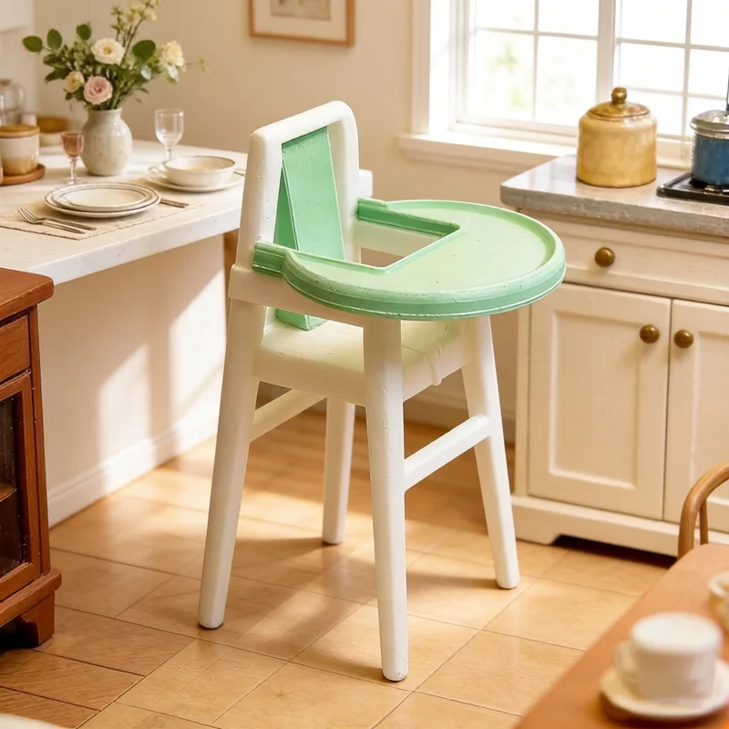 Mini Baby Dining High Chair 1/12, Dollhouse Furniture with Tray, Small Step Stool for DIY Micro Scene Decoration