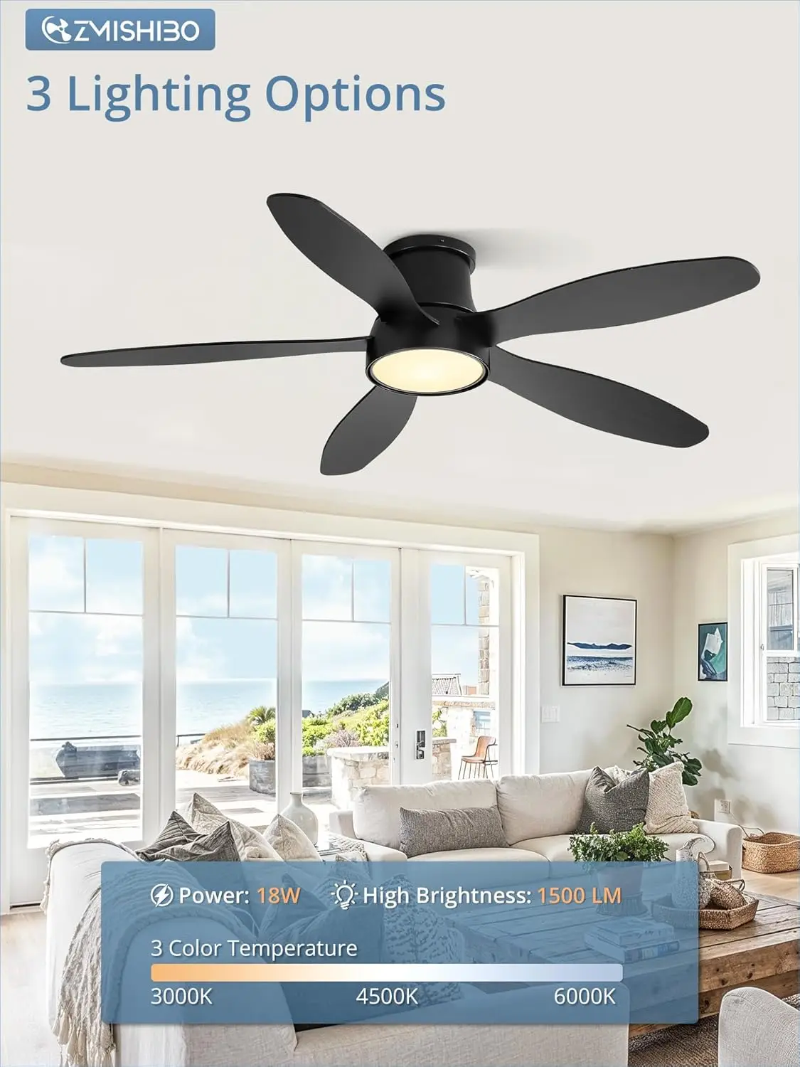 52 Inch Ceiling Fans With Lights, Flush Mount Low Profile Ceiling Fan With Remote, Reversible, 3Cct, Noiseless, Led Ceiling Fan