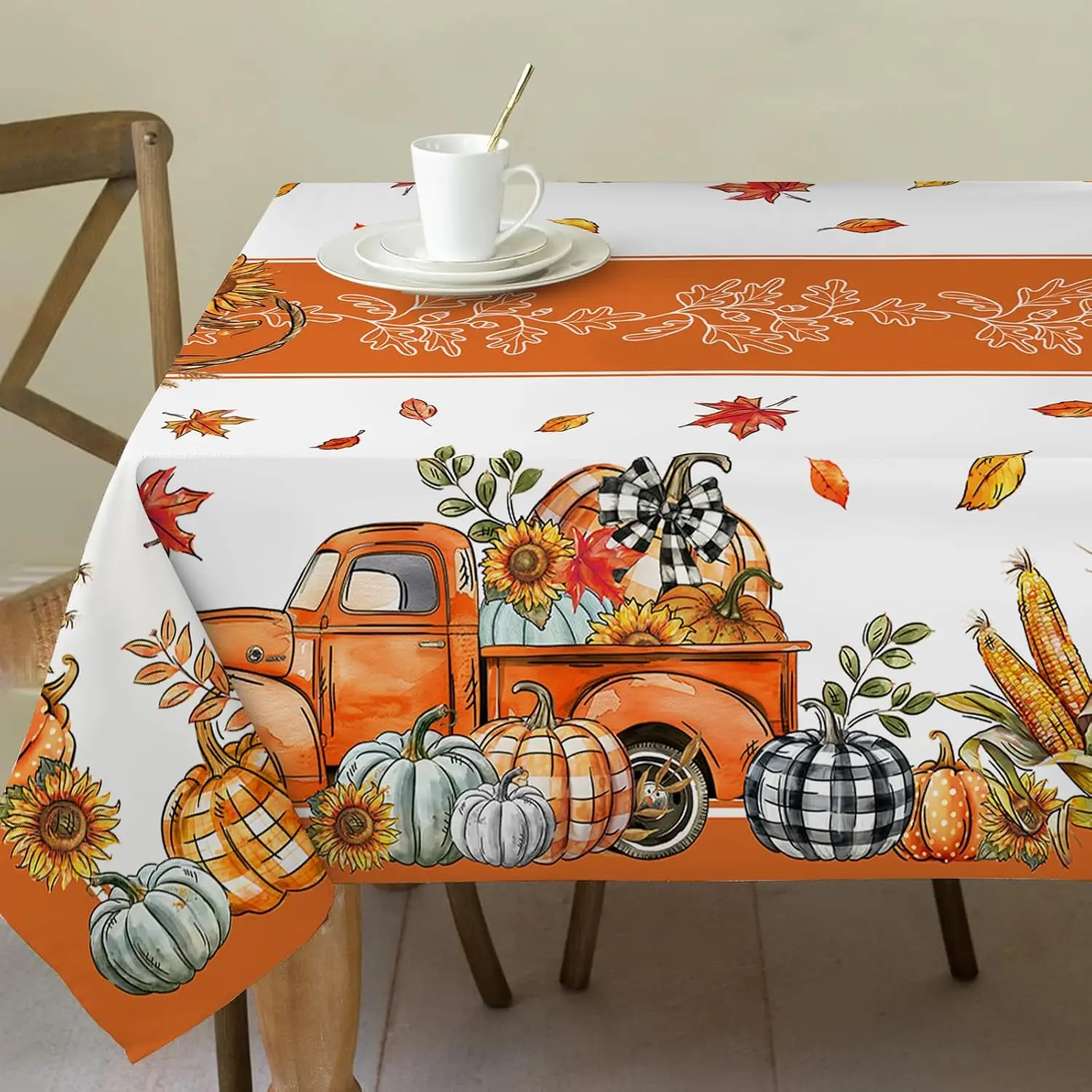 Thanksgiving Pumpkin Truck Fall Orange Rectangle Tablecloth Holiday Party Decor Waterproof Tablecloth for Table Party Supplies