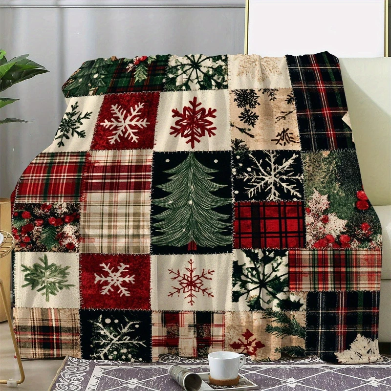 Holiday Cheer Cozy Flannel Christmas Blanket with Snowflakes and Pine Trees for Sofa, Bed Car Office, Camping - All-Season Gift