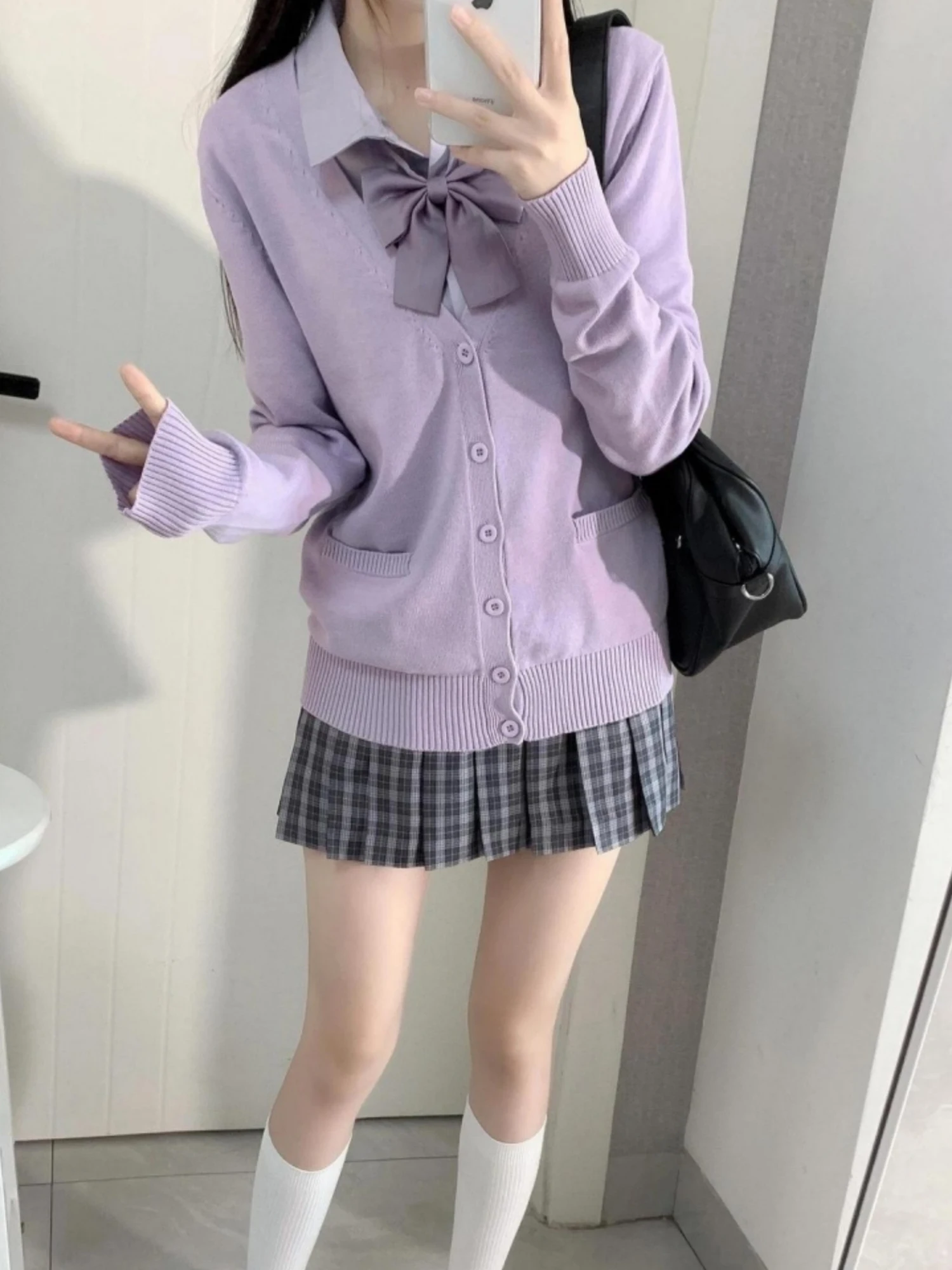 

Свободный вязаный фиолетовый кардиган в стиле JK, повседневная верхняя одежда, женское пальто с длинными рукавами на осень-зиму, милый стиль