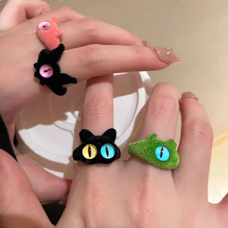 

Fluffy Pink Eyes Cute Ring Green Monster Cat Shape for Women Girls Fashion Sweet Colorful Owl Eye Student Party Accessories