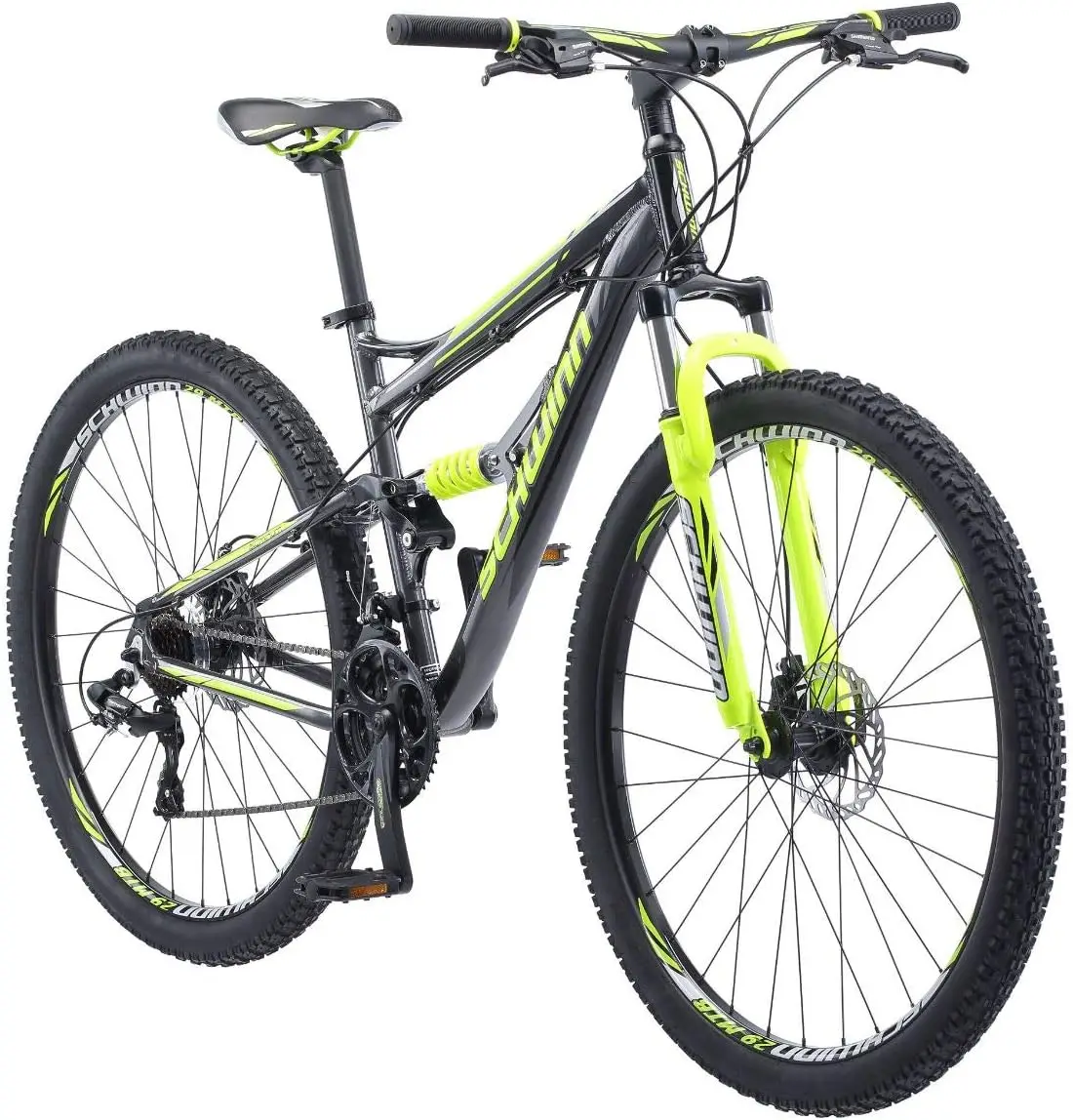 

Mens and Womens Mountain Bike, 29-Inch Wheels, 24-Speed Shifters, Full Suspension, Mechanical Disc Brakes, Blue/Grey