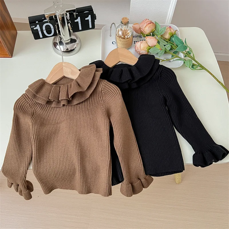 Petal Collar Sweater for Girls Korean Kids Autumn Winter Thicked Warm Knitted Pullover Slim Long Sleeve Bottoming Tops