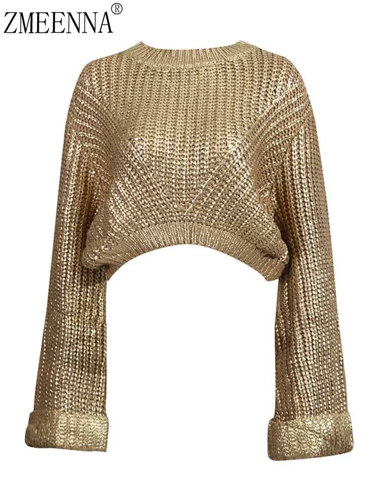 

ZMEENNA женский модный золотой вязаный свитер с круглым вырезом, укороченный джемпер большого размера, блестящий пуловер с длинными рукавами, повседневный топ ZM4642
