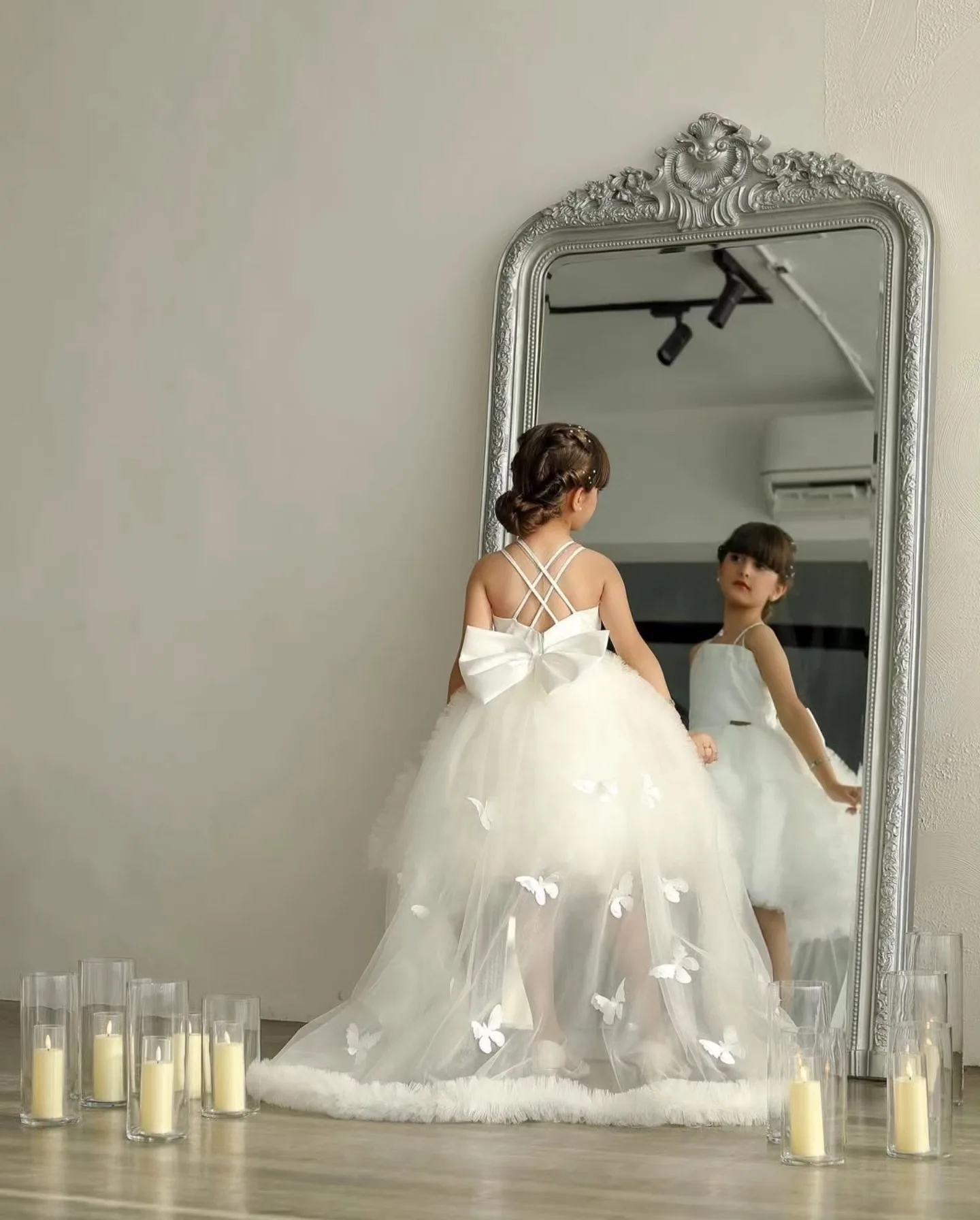 Luxury Custom Made 2026 New Elegant White High Low Tulle Flower Girl Dress With 3D Floral Train Wedding First Communion Baptism