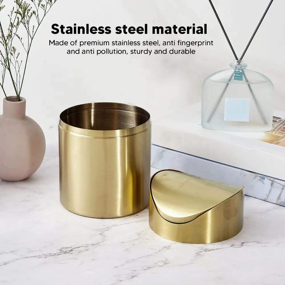 Practical 304 Stainless Steel Countertop Trash Can Swing Lid Gold Table Waste Basket Removable Cover Mini Garbage Bin Car