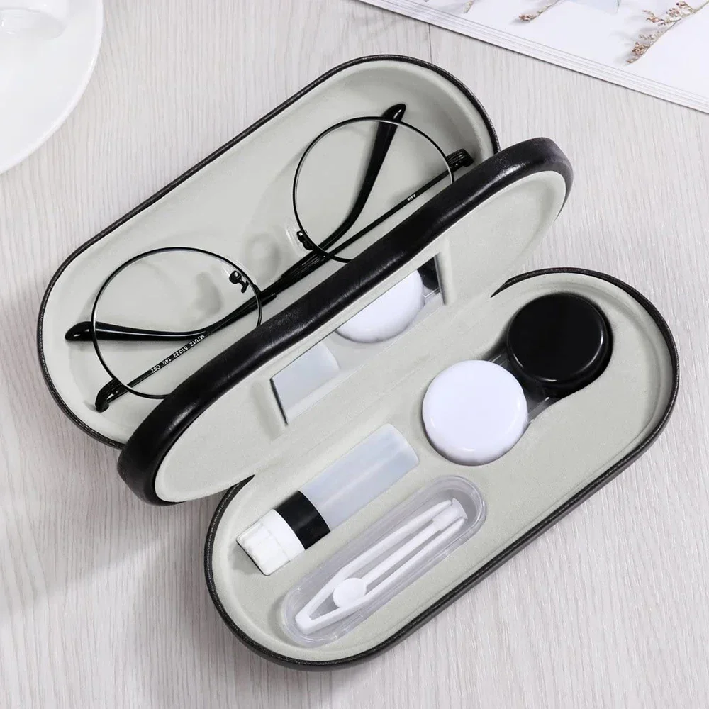 2 In 1 Double Layer Glasses Box Contact Lens Case for Men Women Creative Dual Use Glasses Case Eyewear Leather Steel Hinges