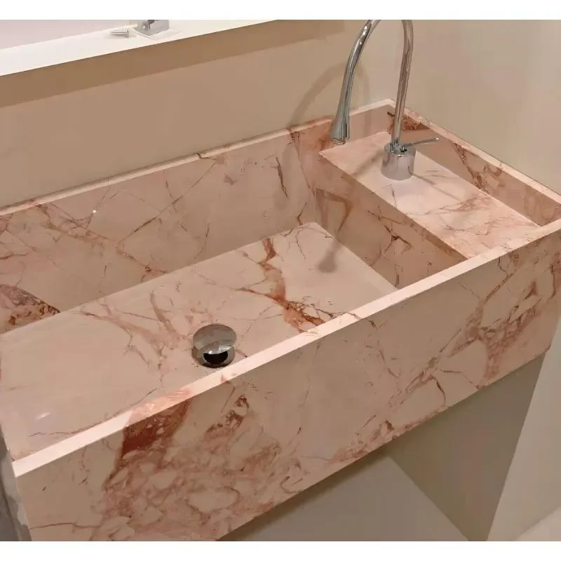 Wall Mounted Pink Marble Bathroom Sink Natural Stone Washbasin Single Basin Vessel for Modern Home Decor