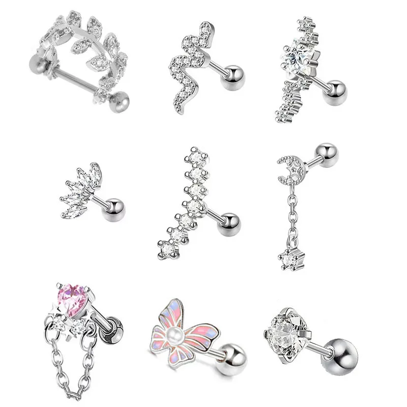 9 ladies' ear studs, fine-stemmed butterfly zircon soft ear bones, elegant, romantic, fashionable and fresh, crown pink