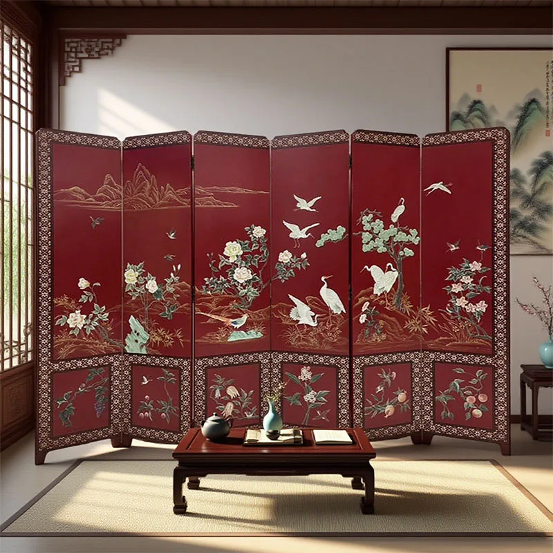 Traditional hand-painted wooden flower and bird lacquer painting movable folding screen indoor partition