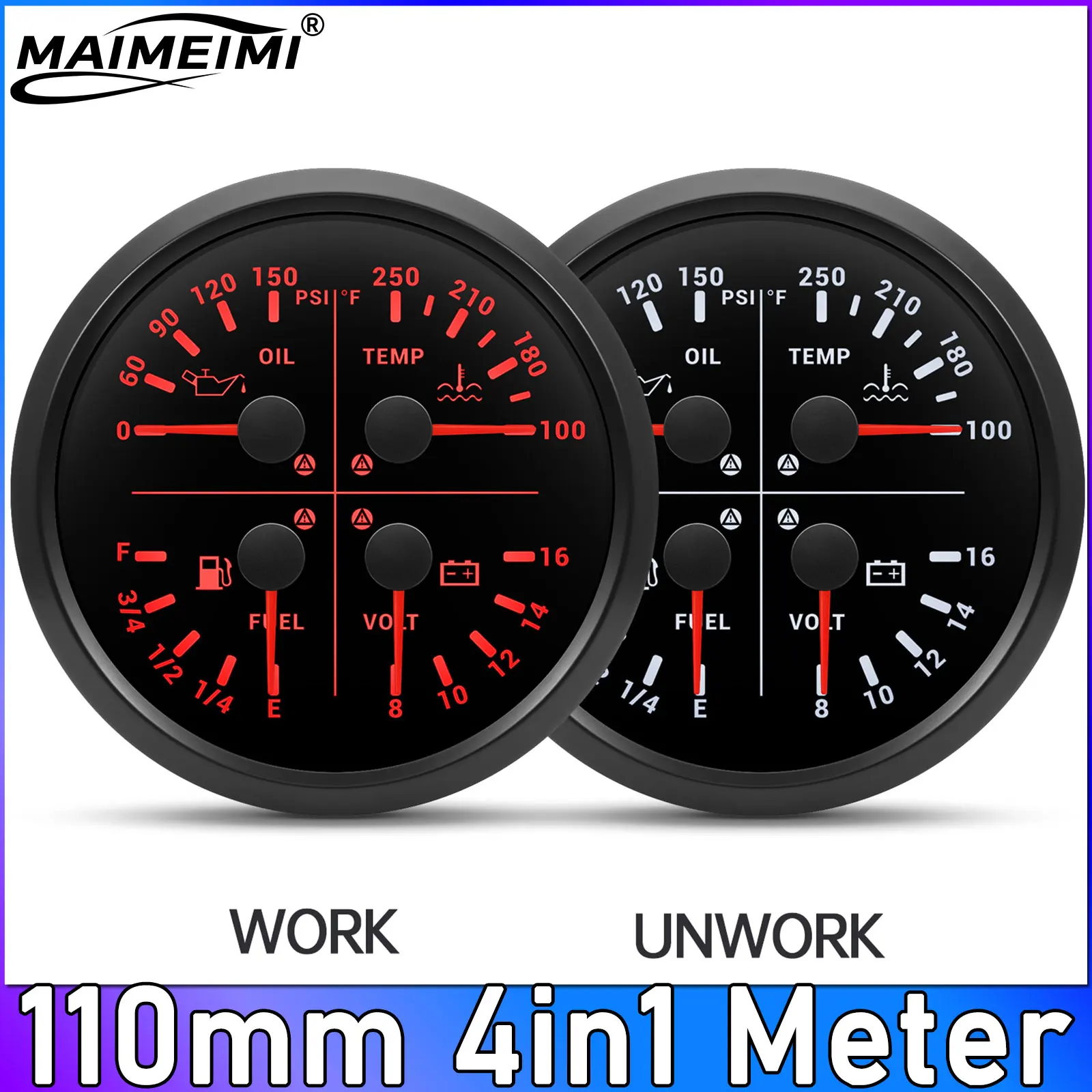 

110mm 4in1 Meter Fuel Level Gauge Oil Pressure BAR PSI Water Temp 12V Voltmeter Alarm Red Backlight for Car Boat Customized