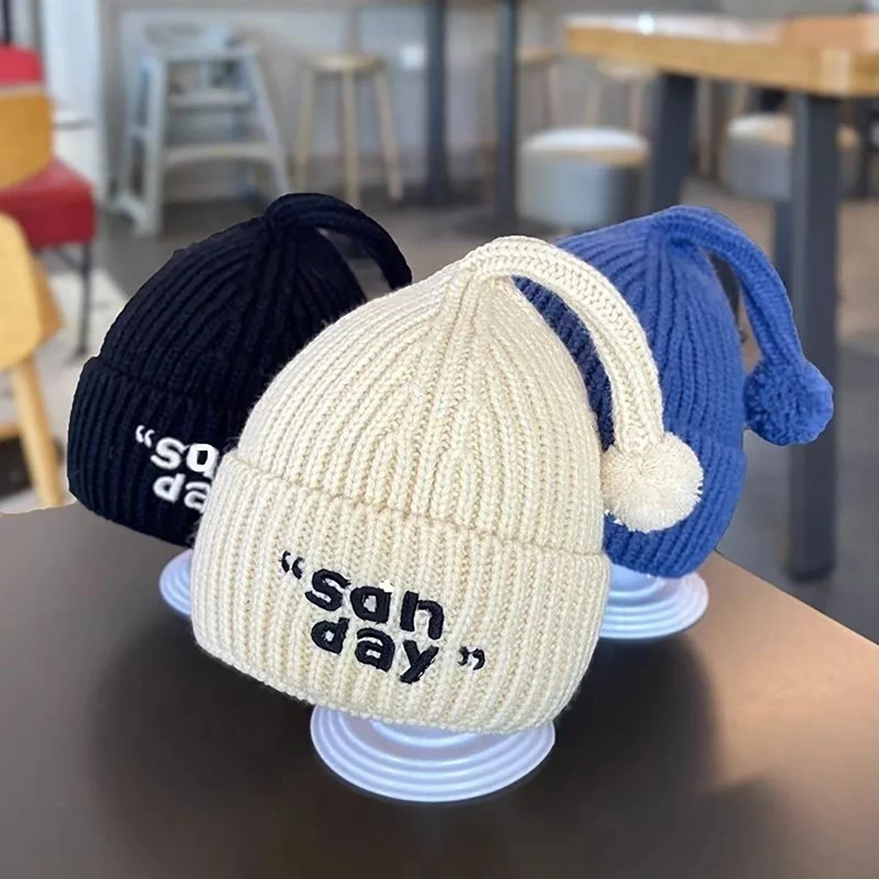 

Cute Baby Winter Beanies Solid Color Letter Toddler Knitted Cap Cartoon Warm Woolen Kids Pullover Hats