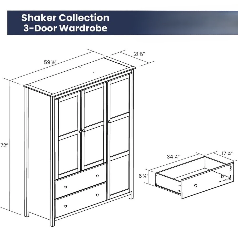 3-Door Wardrobe, Solid Wood with Cherry Finish with Shelves and 2 Drawers Wardrobe Closet