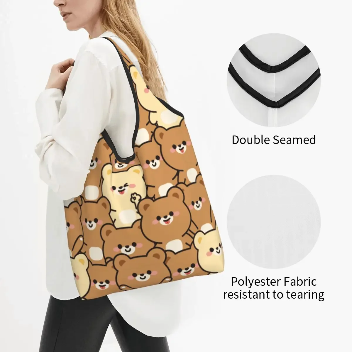 Cute Bear Cartoon Reusable Shopping Grocery Bags Foldable 50LB Weight Capacity Heavy Duty Tote Bag Eco-Friendly Machine Washable