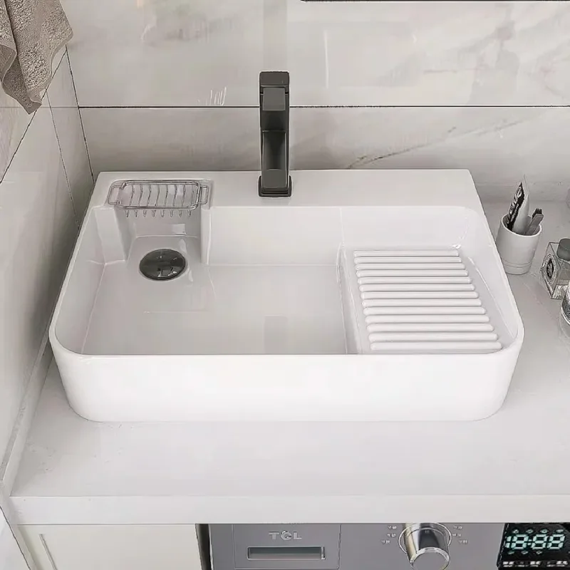 Ceramic Laundry Sink With Rubbing Board Balcony Washing Basin Single Pool Left Right Drain Slot For Bathroom Utility Room