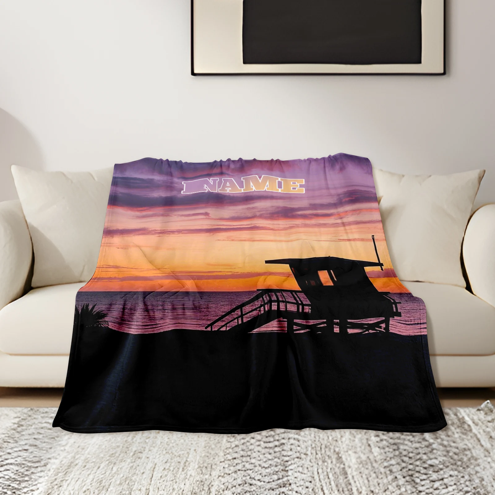 

Customizable Flannel Blanket Embellish With Your Name And Miami Style Seaside Sunset For Cozy Family And Friend Gatherings