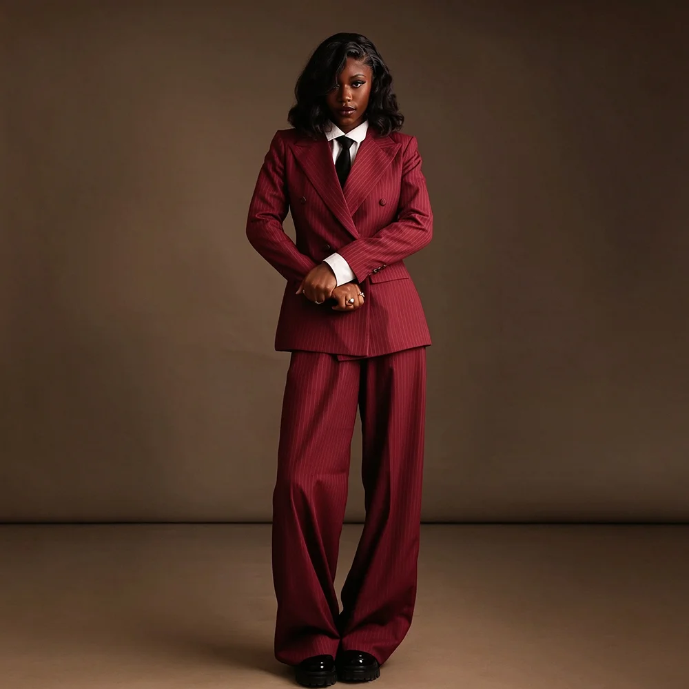 Classic Red Stripe Double Breasted Women's Suit Office Formal 2 Piece Set Jacket Wide Leg Pants Smart Casual Daily Streetwear