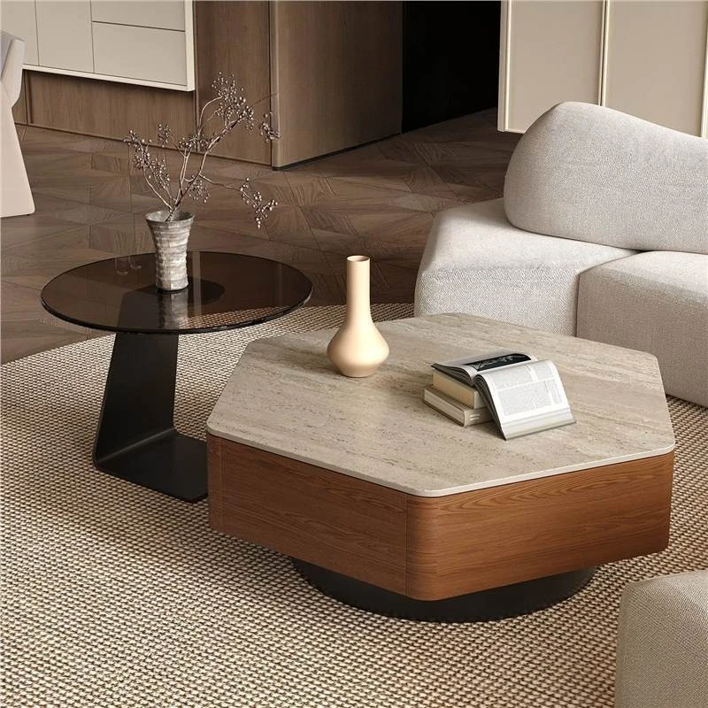 Medieval wabi-sabi wind coffee table small apartment retro senior designer hexagonal combination