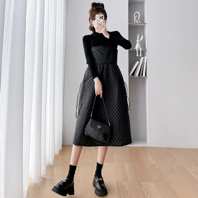 Korean Style Winter Maternity Clothes Set Light Weight Strap Cotton Plaid Dress+long Sleeve Shirts Pregnant Woman Dress Suits