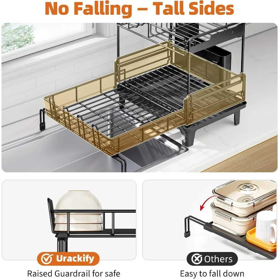 رف تجفيف الأطباق - مصفاة أطباق قابلة للتمديد، رف أطباق كبير لطاولة المطبخ، مصفاة أطباق مقاومة للصدأ مع حامل أواني و