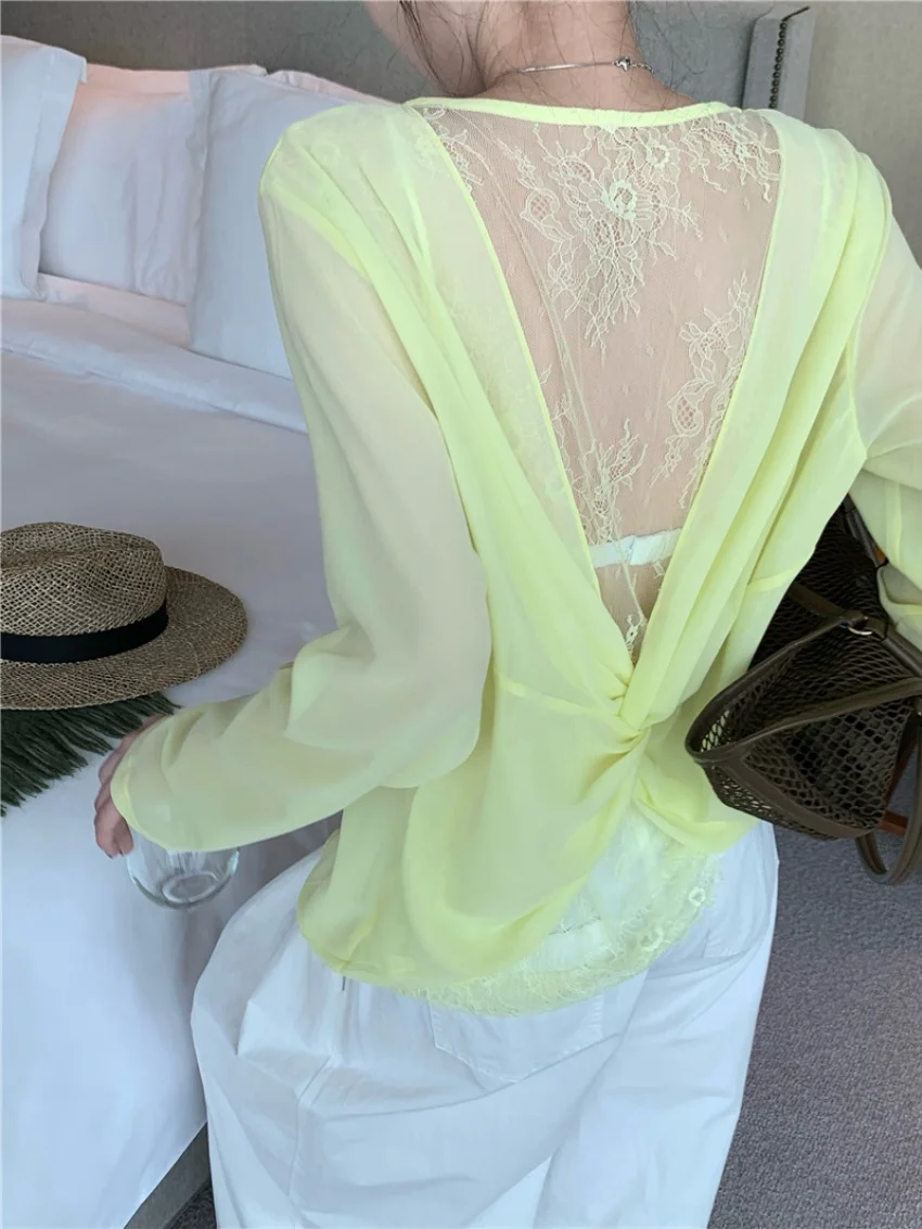 Alien Kitty 2025 Summer T-Shirts Sunscreen Loose Women Hollow Out Vintage Casual Full Sleeve Backless Sexy Girls Tees Daily