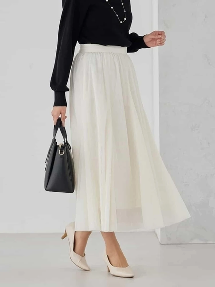 

Spring 2026 High Waist A-Line Skirt Elegant Mesh Splicing Elastic Half Skirt Slimming Gored Skirt for Ladies Polyester Fiber