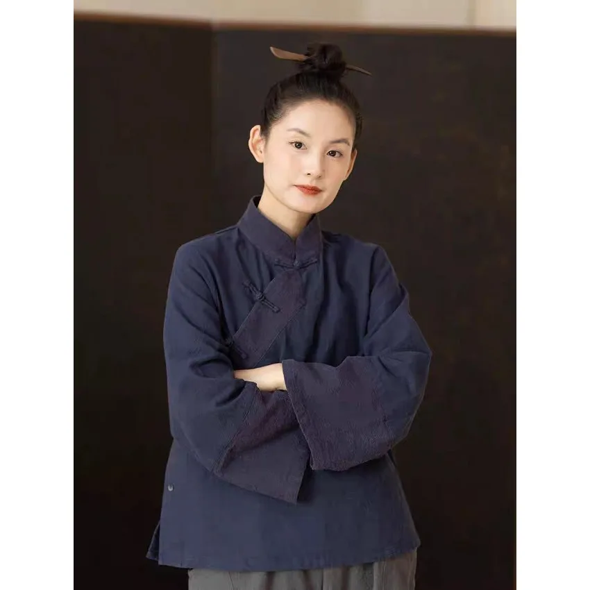 New Chinese Style Modified Shirt, Mandarin Collar with Diagonal Placket & Frog Buttons, Spring Casual Wear for Women
