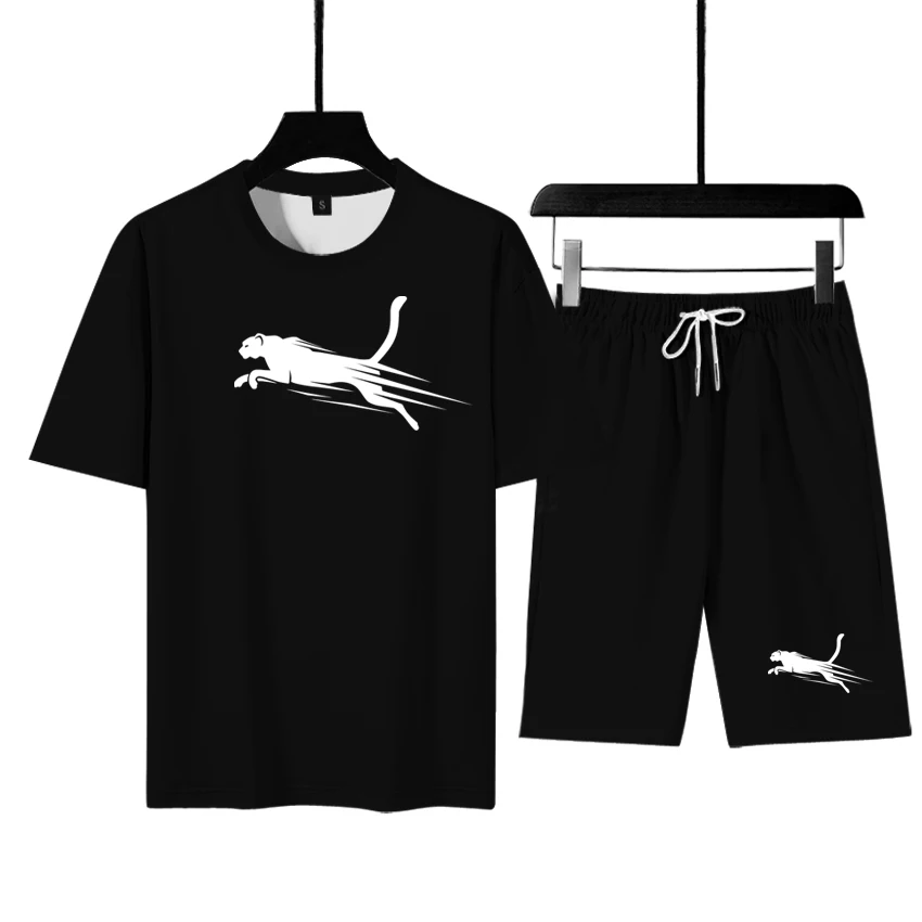 Kaus lengan pendek pria, Trendi Musim Panas 2024 + celana pendek lima titik 2 potong pakaian olahraga mode jogging kasual pria