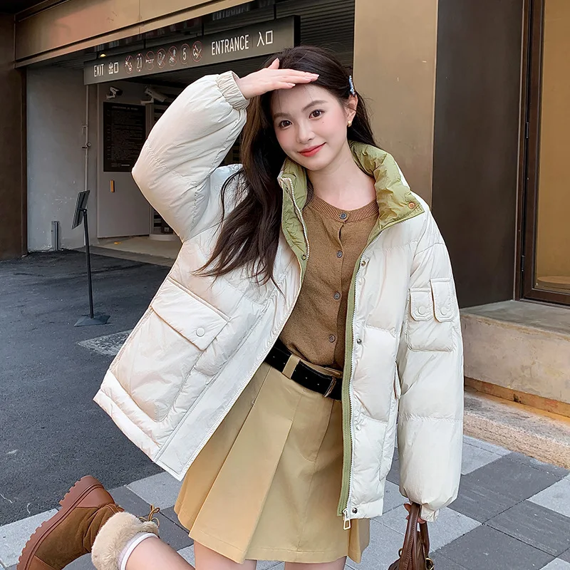 ショートダウンジャケット 新入荷 プラスサイズ オーバーサイズ カラーブロック ショートスタンドカラー 通勤ファッション 多用途アウター トレンド