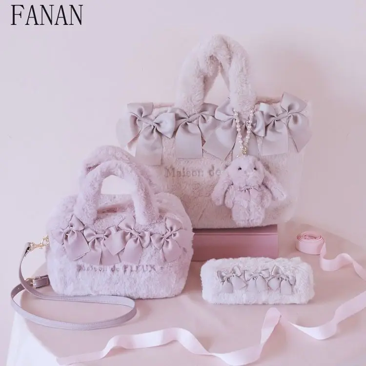 

2025 New Women's Handbags Sweet Cute Rabbit Pendant Handheld One Shoulder Bag Bow Top-Handle Crossbody Bags for Girl