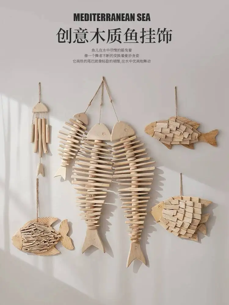 Mediterranean Style Wooden Fish Skewers Fish Bone Hanging Decoration Creative Fishing Net Wall Hanging Home Wall Decoration Wall