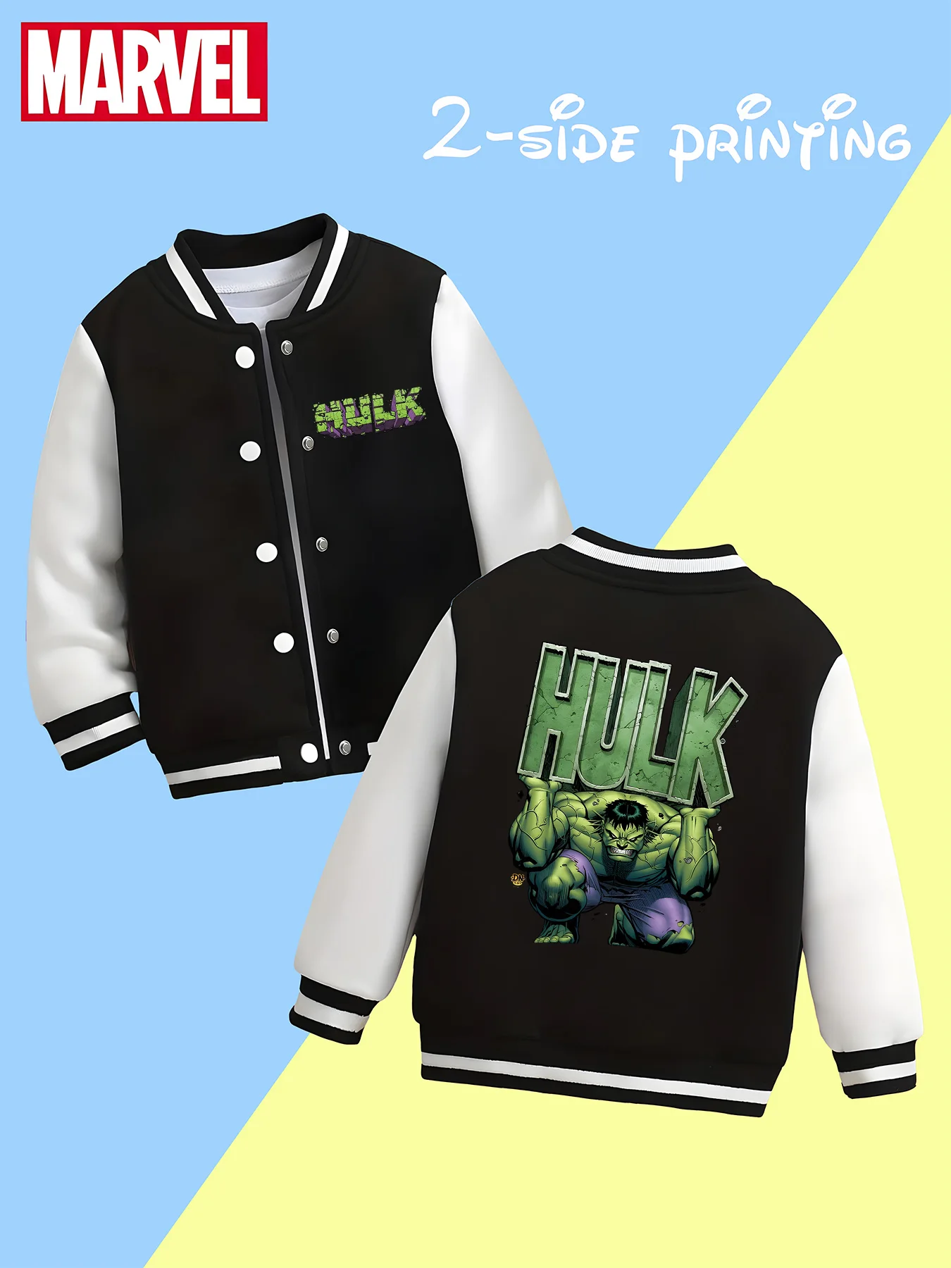 

MINISO Marvel Boys' Baseball Jacket - Incredible Hulk Print, Double-Sided Pattern, Comfortable Fabric, Black and White, Fashiona