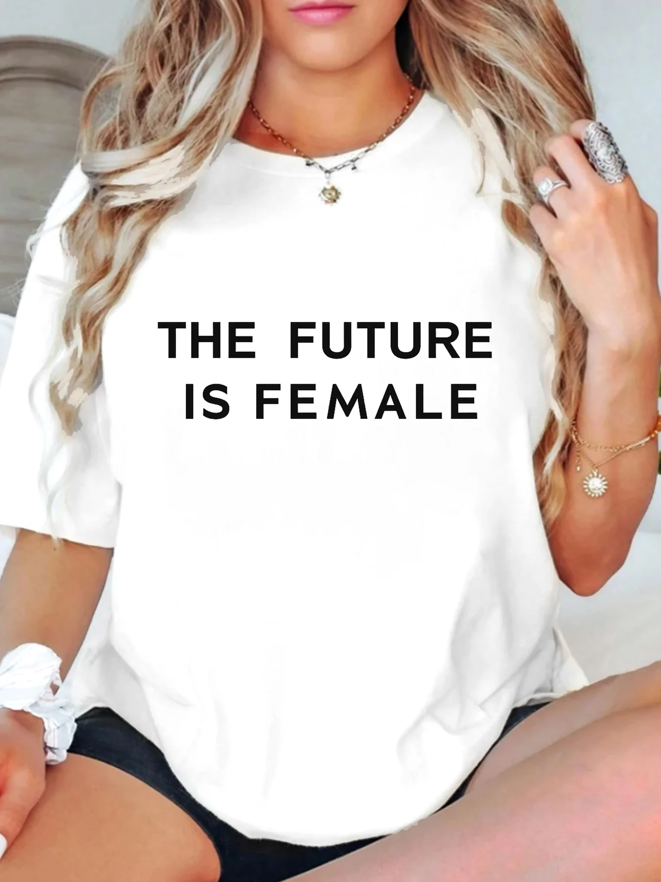 

【WDS0017】Plus size women's round neck short sleeve T-shirt with elastic half sleeves and trendy prints
