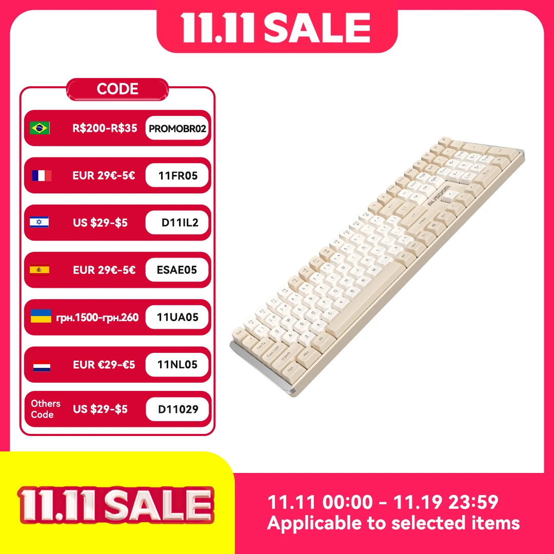 

Механическая клавиатура AUSDOM Hola111, полная клавиша TTC PBT, колпачки для клавиш 2,4G, беспроводная игровая киберспортивная клавиатура для домашнего офиса для ПК с Windows