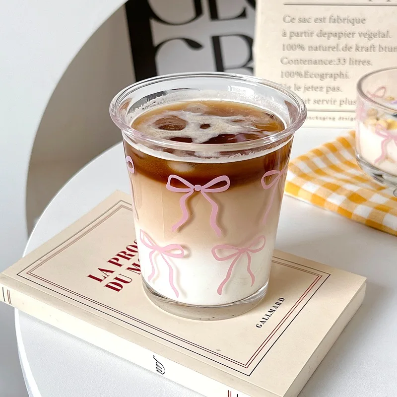 Süße rosa Schleife Glas Tasse Kaffeetasse Becher Eespresso Iced für Sommer DIY Getränke Trinkgeschirr Joghurt Tasse Salatschüssel Obst Dessert Schüssel