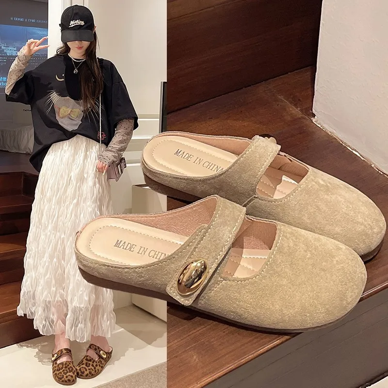 High Quality Boston Style Classic Sandals Retro metal buckle Comfortable Soft imitation Cow Suede Buckle Cork Slipper