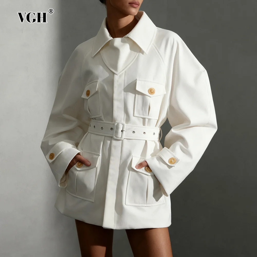 

VGH Temperament Slimming Lace Up Solid Jackets For Women Lapel Long Sleeve Spliced Pockets Autumn Casual Jacket Female Style New