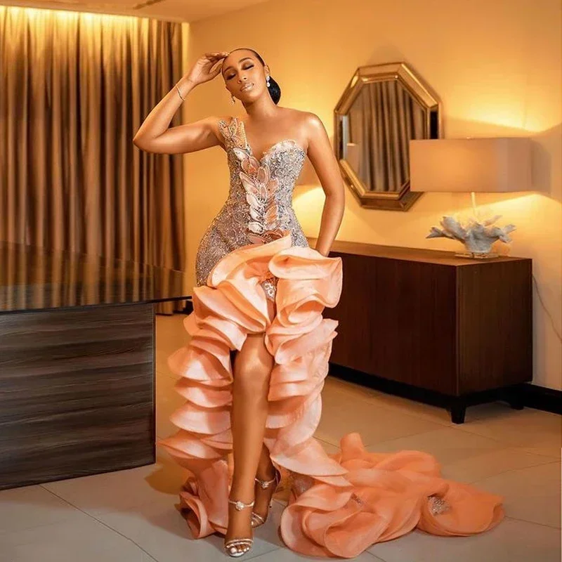 Luxueux AsoEbi sirène cristal tridimensionnel fleur robe de bal Sexy une épaule manches formelle Occasion robe personnalisée