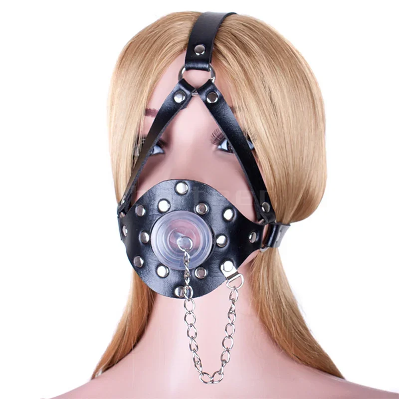 Slave Head Harness Leather Studs Open Gag Mouth Stuffed Plug with Cover Restraint Couple Game Sex Products for Couples SM Tool